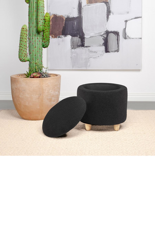 Valia Faux Sheepskin Upholstered Round Storage Ottoman Black